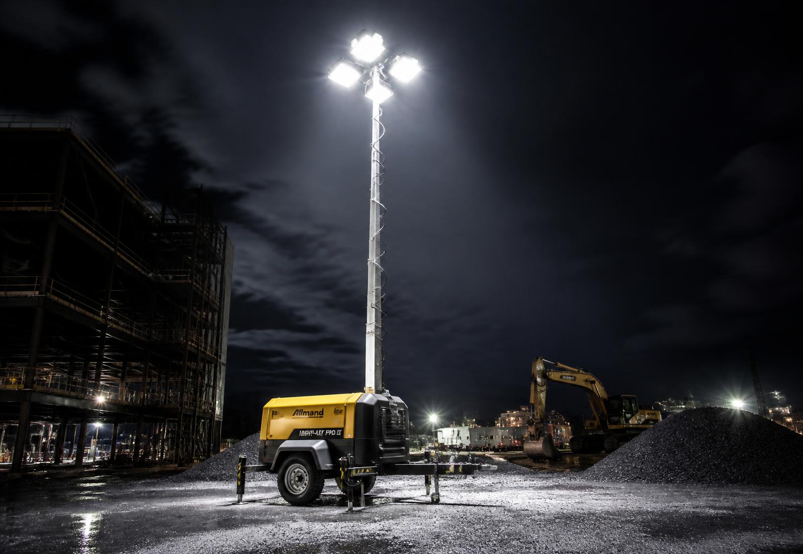 Mobile diesel light tower illuminating a Columbus construction site at night